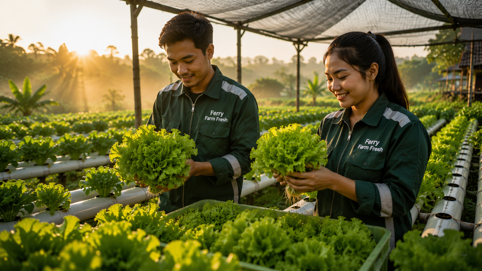 Kebun sayuran hidroponik Ferry Farm Fresh saat panen pagi hari